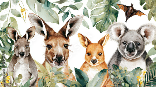Wallpaper Mural Watercolor australian cartoon kangaroo emu, koala and flying fox seamless pattern. Australian kangaroos set kids illustration. Nursery wallpaper art Stock Illustration Torontodigital.ca