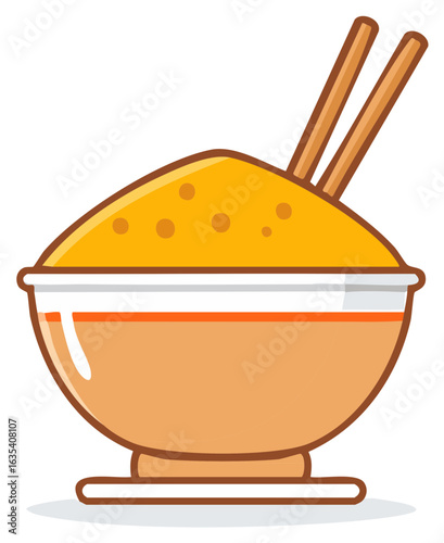 Cartoon bowl of yellow rice with chopsticks sticking upright, flat vector illustration