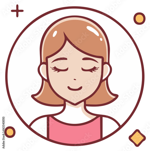 Calm and serene woman with closed eyes in a circular frame cartoon illustration