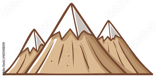 Cartoon illustration of three mountain peaks with snow caps, brown outline.