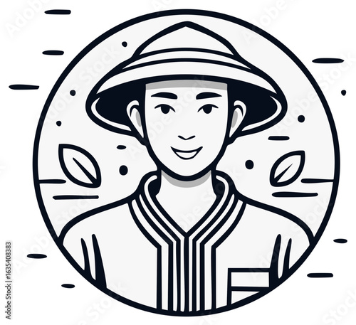 Smiling person in a conical hat inside a circle with leaves