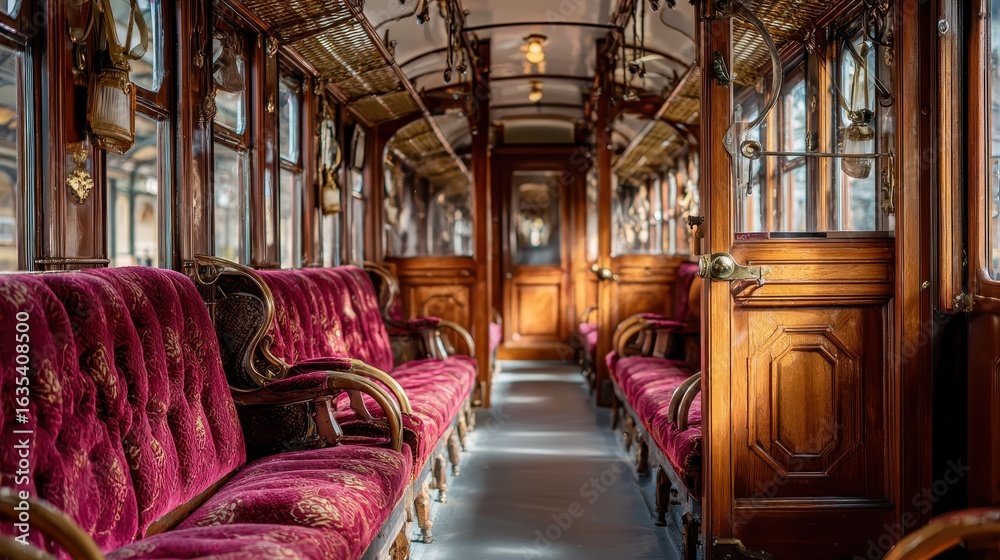 Fototapeta premium Vintage train carriage interior, historic railway, museum display, possible use travel/history stock