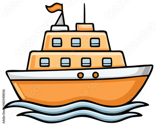 Colorful cartoon ship sailing on blue waves with an orange hull and white decks