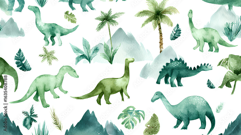 Obraz premium Watercolor dinosaur seamless pattern. Hand painted cute dinosaurs, tropical palm tree, jungle leaves, mountains. Dino illustration for design, wallpaper, scrapbooking Stock Illustration