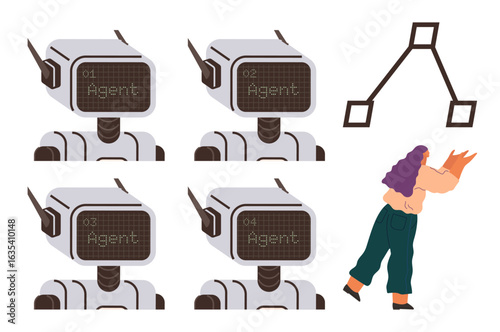 Rows of labeled robotic agents, abstract node diagram, human figure exerting effort. Ideal for robotics, AI teamwork, collaboration, automation, effort network technology. Clear simple flat