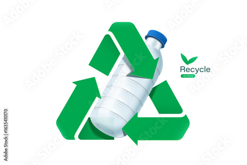 Green recycle logo or icon circle around plastic bottle to promote the Global Recycling Day waste separation campaign, vector 3d illustration isolated on white background for design