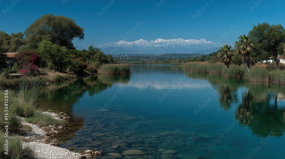 Obraz premium Lake shore scenery, snow - capped mountain reflections, green trees and rural houses