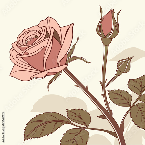 Delicate Rose Blossoms: An artistic portrayal of a rose, featuring a meticulously drawn flower and unopened bud, epitomizing elegance and natural grace.