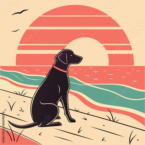 Coastal Companion: A black dog sits on the beach, silhouetted against a vibrant sunset, embodying a peaceful scene.