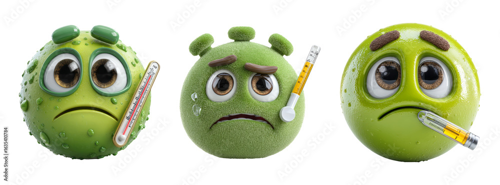 Fototapeta premium Cute Sick Germ Characters with Thermometers on Transparent Background