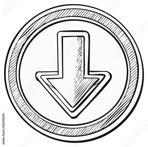 Hand-drawn sketch of a coin-like symbol with a downward-pointing arrow, graphic design