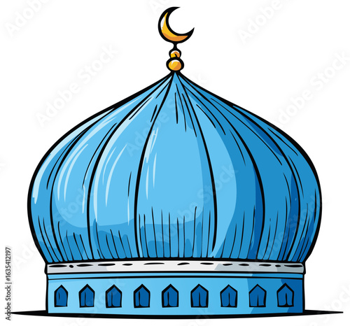 Blue Mosque Dome Cartoon with Crescent Moon Finial for Islamic Holiday