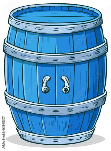 Cartoon Blue Wooden Barrel Illustration: Staves, Rims, Handles, Storage Container