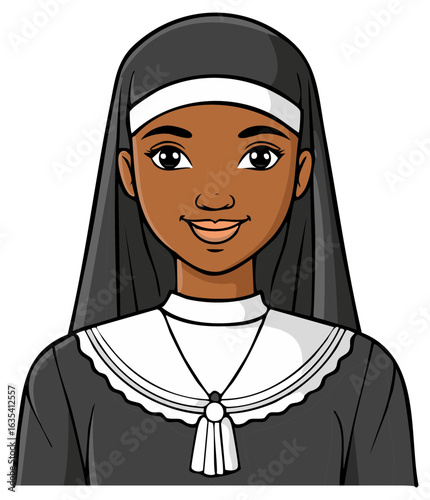 Cartoon smiling nun with black habit and white veil