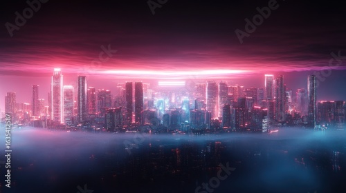 Wallpaper Mural Futuristic city skyline at night, bathed in pink and blue neon light, shrouded in fog Torontodigital.ca