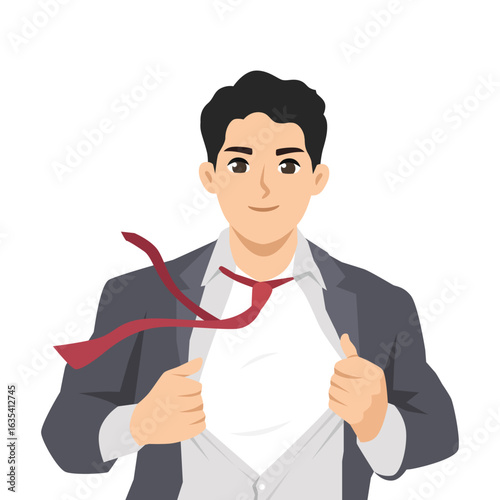 Businessman dramatically opens his shirt to reveal a blank undershirt, symbolizing transformation. Flat Vector character illustration