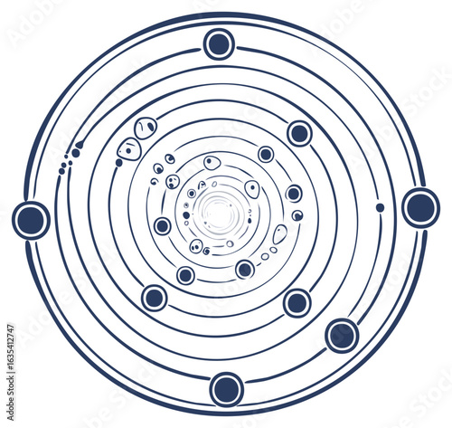 Abstract cosmic orbits and celestial bodies with dark blue lines on white background