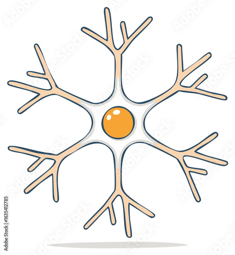 Stylized illustration of a nerve cell with a central nucleus and branching dendrites