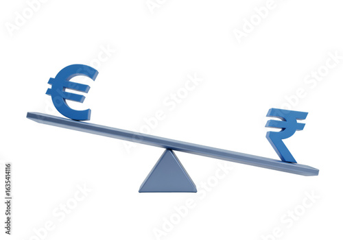 Conceptual 3D Illustration Of Blue Euro and Rupee Symbols Balanced