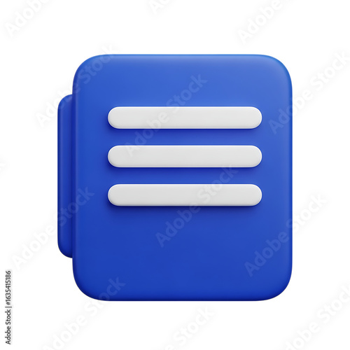 3d blue document icon with three white lines isolated on transparent background