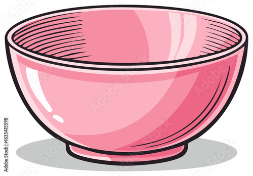 A simple pink ceramic bowl with a rounded shape and a wide opening, illustrated in a cartoon style.