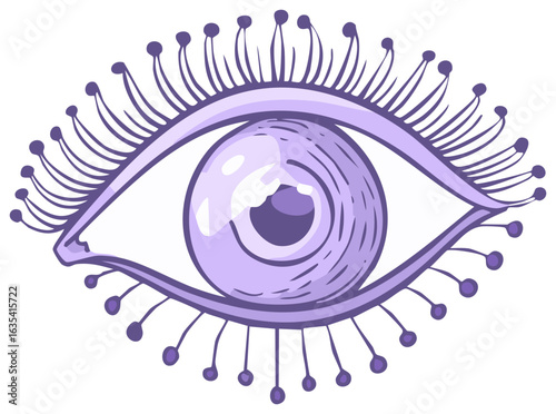 Creative hand drawn purple spiritual eye illustration with long unique eyelashes