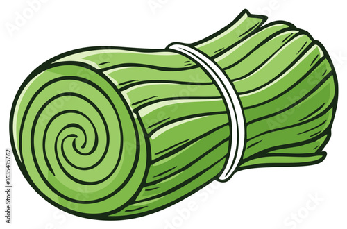 Illustration of a Rolled Fresh Green Vegetable Bundle Tied with a White Rubber Band