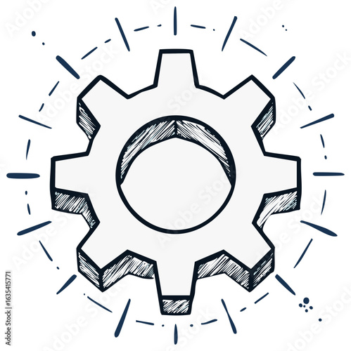 Creative gear icon drawing showcases engineering concept, mechanical gearwheel symbolizing progress and teamwork with hand drawn style