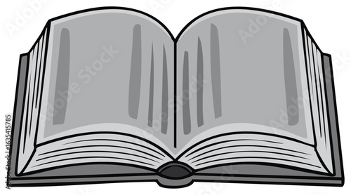 Open hardcover book with blank grey pages and thick black outlines isolated on white