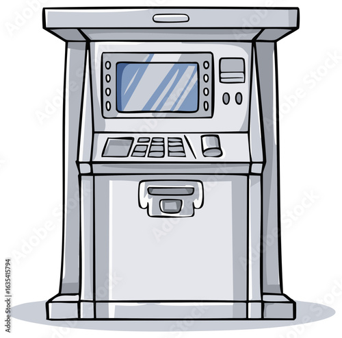 Cartoon illustration of an ATM cash machine with a display screen and keypad interface.