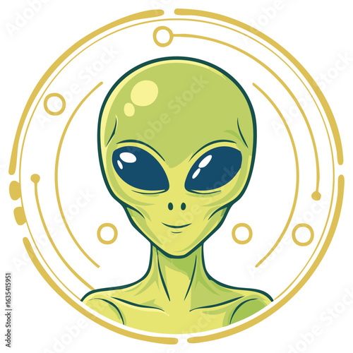 Illustration of a classic green alien face with large blue eyes surrounded by golden cosmic circles