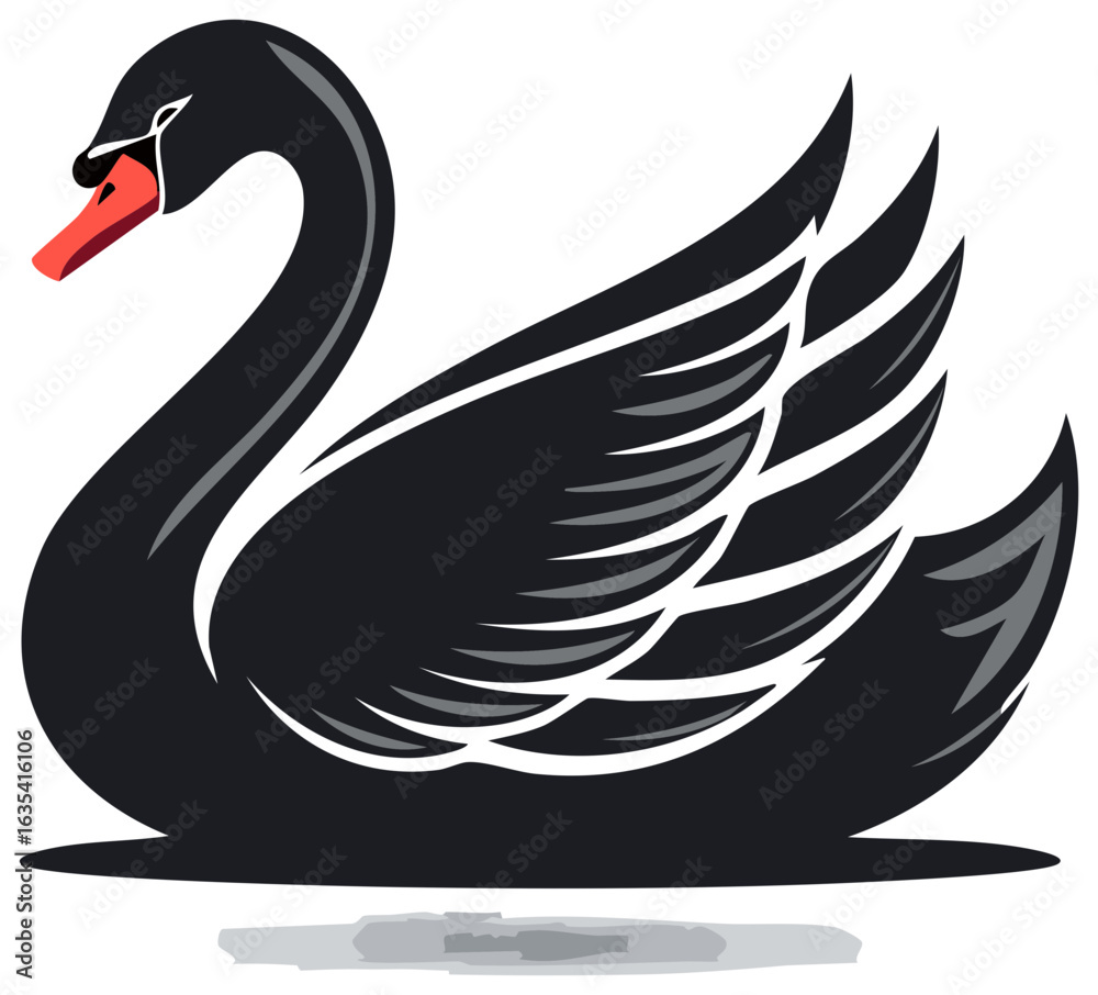 Obraz premium Elegant Black Swan Illustration in Stylized Design with Flowing Wing Pattern, Featuring a Bold Neck Curve