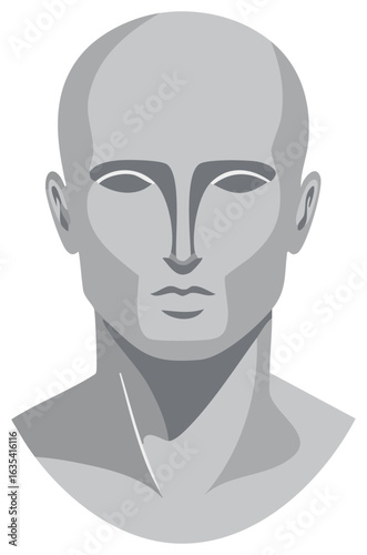 Minimalist vector illustration of a gray monochrome human bust statue