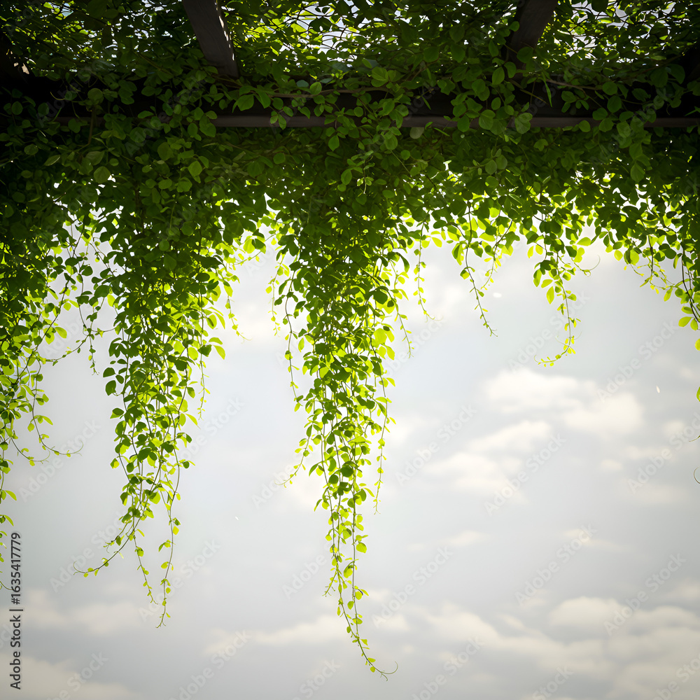 Obraz premium Green Vine Leaves Hanging Against Blue Sky Background Photo