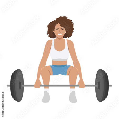 Woman in sportswear executing a deadlift with a heavy barbell, showcasing strength and focus. Flat Vector character illustration