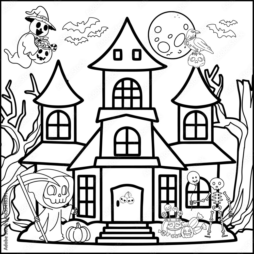 Fototapeta premium Halloween Haunted House Coloring Page with Ghost, Skeleton, Grim Reaper and Pumpkins