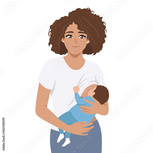Nurturing mother breastfeeding her infant, capturing a tender moment of care and connection. Flat Vector character illustration