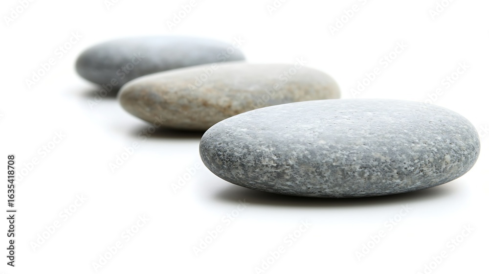 Close-up of three smooth pebbles in a row on white background, captured with 50mm lens, focus on polished surfaces and subtle shadow gradients in simple layout Close-up of three smooth pebbles in a row on white background, captured with 50mm lens, focus on polished surfaces and subtle shadow gradients in simple layout