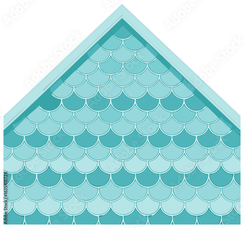 Stylized house roof design with turquoise blue green fish scale pattern illustration