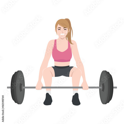 Woman in athletic wear is executing a deadlift with a heavy barbell. Flat Vector character illustration
