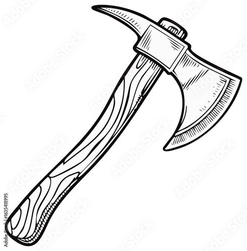 Vintage tomahawk battle axe with a spike and wooden handle line art drawing
