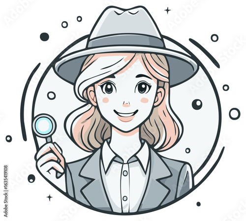 Young Woman Detective Holding Magnifying Glass Wearing Fedora and Suit