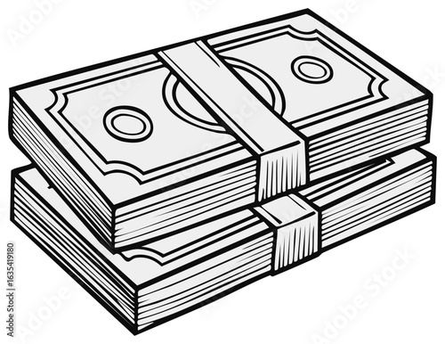 Two stacks of generic paper money bills bundled illustration representing wealth and finance