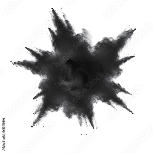 Explosion of dark powder on white background