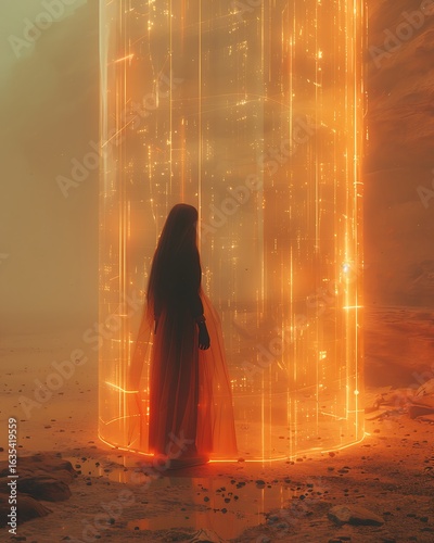 Woman in Long Dress Before Glowing Golden Portal

