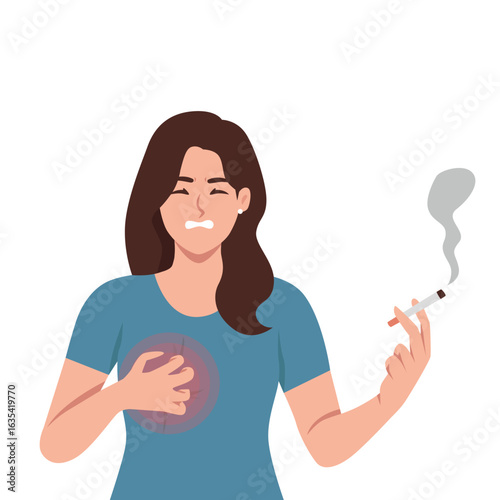 Distressed woman is clutching her chest in pain while holding a lit cigarette. Flat Vector character illustration