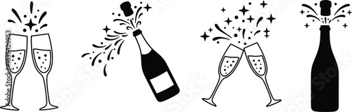 Champagne bottle and glasses vector, sparkling wine celebration icons, festive drink design, holiday party toast illustration, bubbly beverage