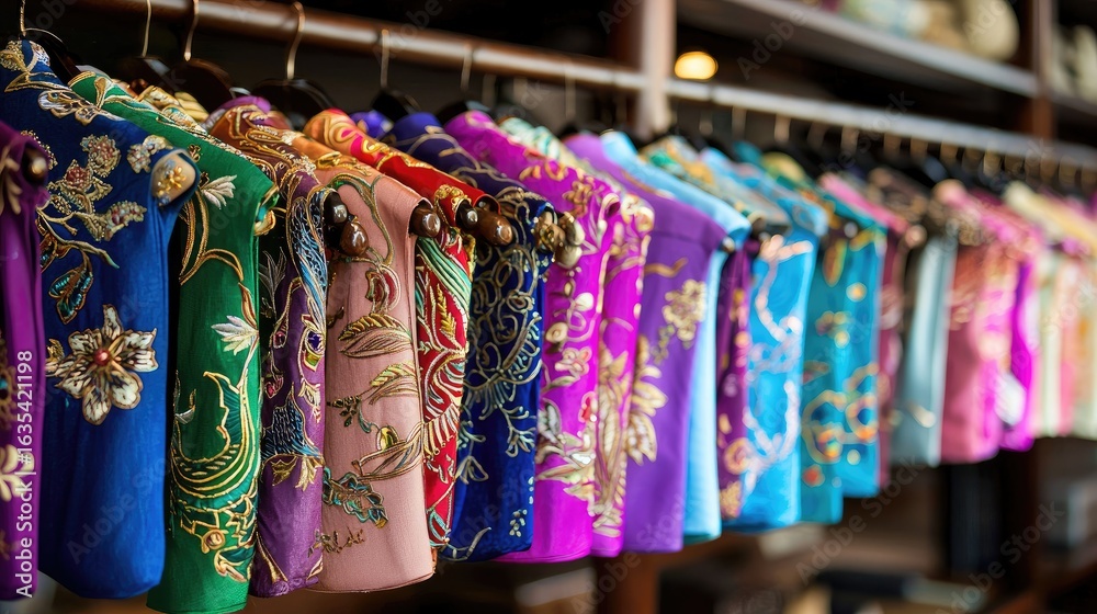 Fototapeta premium Colorful Traditional Garments Displayed in a Boutique with Intricate Patterns and Embroidery