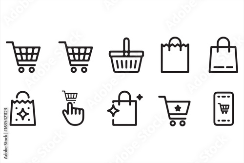 Ecommerce Icons – Click to Buy, Basket, Cart, and Store Bag

