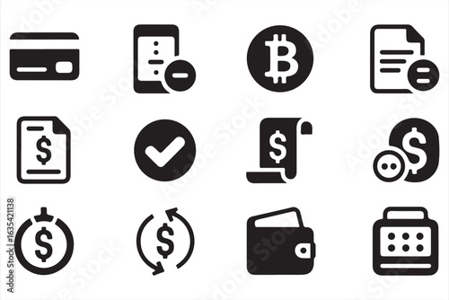 Digital Payment Icons Set – Credit Card, Bitcoin, Approval, and Finance

